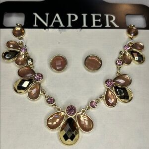 Napier Gold and Pink Necklace and Earrings Set. Signed. New